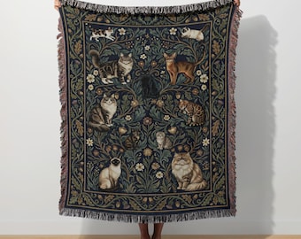 William Morris Cat Wall Tapestry, Vintage Floral Cat Woven Blanket, Botanical Cat Lover Throw, Cottagecore Cat Mom Decor