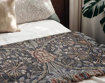 William Morris Honeysuckle Woven Blanket, Vintage Floral Tapestry, Victorian Decor, Botanical Throw,