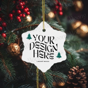 Christmas Ornament Mockup Snowflake Mockup Ceramic Ornament Holiday Mockup Christmas Mockup Blank Snowflake Ornament White Tree Canva Mockup
