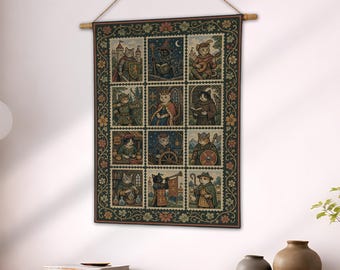 Medieval Fantasy Cat Tapestry, Historical Cat Woven Blanket, Whimsical Weirdcore Wall Hanging Decor for Cat Lovers
