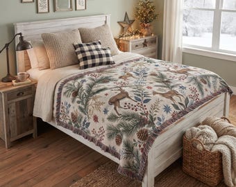 Vintage Winter Deer Woven Blanket, Woodland Tapestry, Rustic Cabin Wall Hanging, Holiday Throw Nature Lover Christmas Cottage Decor Gift
