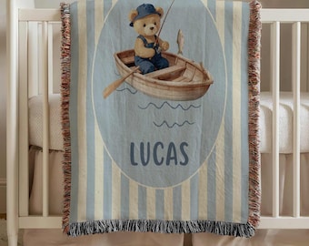 Personalized Fishing Baby Blanket, Custom Name Fisherman Bear Blanket, Teddy Nursery Decor Gift, Trout Fisher Baby Shower