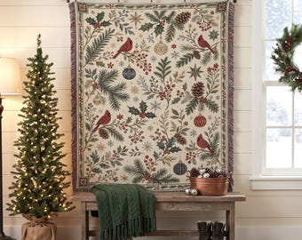 Winter Cardinal Bird Woven Blanket, Vintage Woodland Christmas Wall Hanging Tapestry, Holiday Rabbit Throw, Cozy Cabin Cottagecore Decor