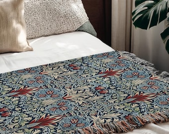 William Morris Snakehead Woven Blanket, Vintage Floral Tapestry, Botanical Arts and Crafts Throw
