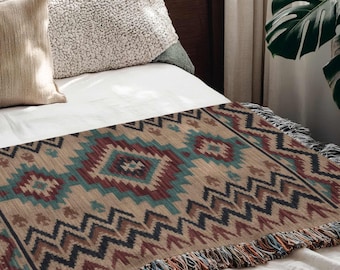 Southwestern Woven Blanket, Tribal Aztec Throw, Turkish Cotton Kilim Decor, Geometric Boho Ethnic Tapestry, Moroccan Lodge