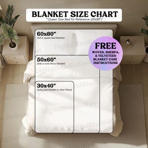 "Größentabelle für Decken gewebter Samt-Plüsch-Decke ""Size Guide"" Mockup Bundle Print heraus werfen Sherpa-Fleece-Decke Pflegeanleitung Mikrofaser