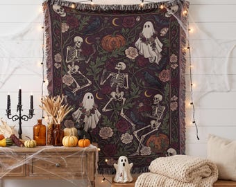 Gothic Halloween Woven Blanket, Cute Spooky Ghost Floral Wall Hanging Tapestry, Dark Academia Botanical Skeleton Decor
