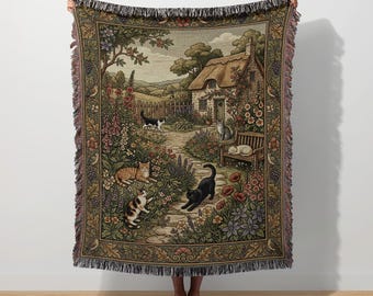Garden Cat Woven Blanket, Cottagecore Floral Wall Tapestry, Vintage William Morris Garden Blanket, Cozy Cat Lover Decor Gift