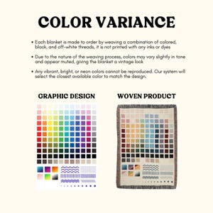 The image is a comparison between a graphic design and a woven product, both of which are used to create blankets. The graphic design represents the colors and patterns used in the design process, while the woven product represents the final product made from those colors and patterns.