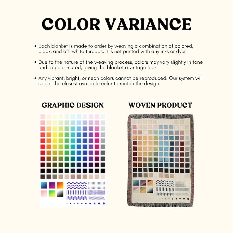 The image is a comparison between a graphic design and a woven product, both of which are used to create blankets. The graphic design represents the colors and patterns used in the design process, while the woven product represents the final product made from those colors and patterns.