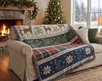Rustic Winter Deer Woven Blanket, Holiday Plaid Throw, Cabin Tapestry Decor, Traditional Christmas Wall Hanging Gift