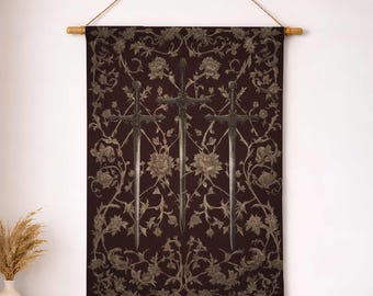 Fantasy Medieval Sword Tapestry, Ornate Gothic Woven Decor, Witchy Wall Hanging Art, Antique DND Warrior