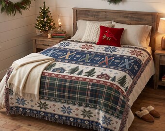 Winter Ski Cabin Woven Blanket, Nordic Snowflake Tapestry, Pine Tree Wall Hanging, Rustic Lodge Apres Ski Throw Blanket Decor Gift