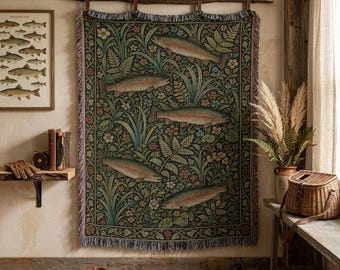 Vintage Rainbow Trout Fly Fishing Woven Blanket, William Morris Tapestry, Fisherman Wall Hanging, Rustic Lodge Decor Gift