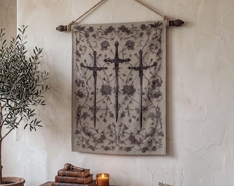 Medieval Sword Woven Tapestry, Regal Wall Hanging Art, Bookish Fantasy, Gothic Floral Renaissance Decor