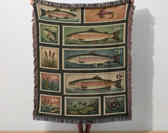 Fishing Stamp Woven Blanket, Vintage Rainbow Trout Wall Tapestry Decor, Lodge Outdoorsy Angler Gift