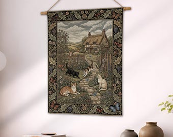 Cottagecore Garden Cat Wall Tapestry, William Morris Cat Woven Blanket, Vintage Garden Wall Hanging Art, Crazy Cat Mom Decor Gift