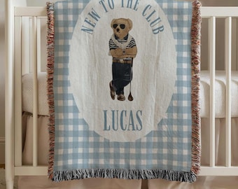 Custom Golfing Baby Boy Blanket, Personalized Polo Teddy Bear Golfer, Golf Nursery Decor, Heritage Baby Shower Gift