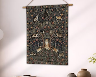 William Morris Cat Woven Blanket, Vintage Tree of Life Tapestry, Cottagecore Cat Mom Wall Art, Maximalist Cat Throw Gift