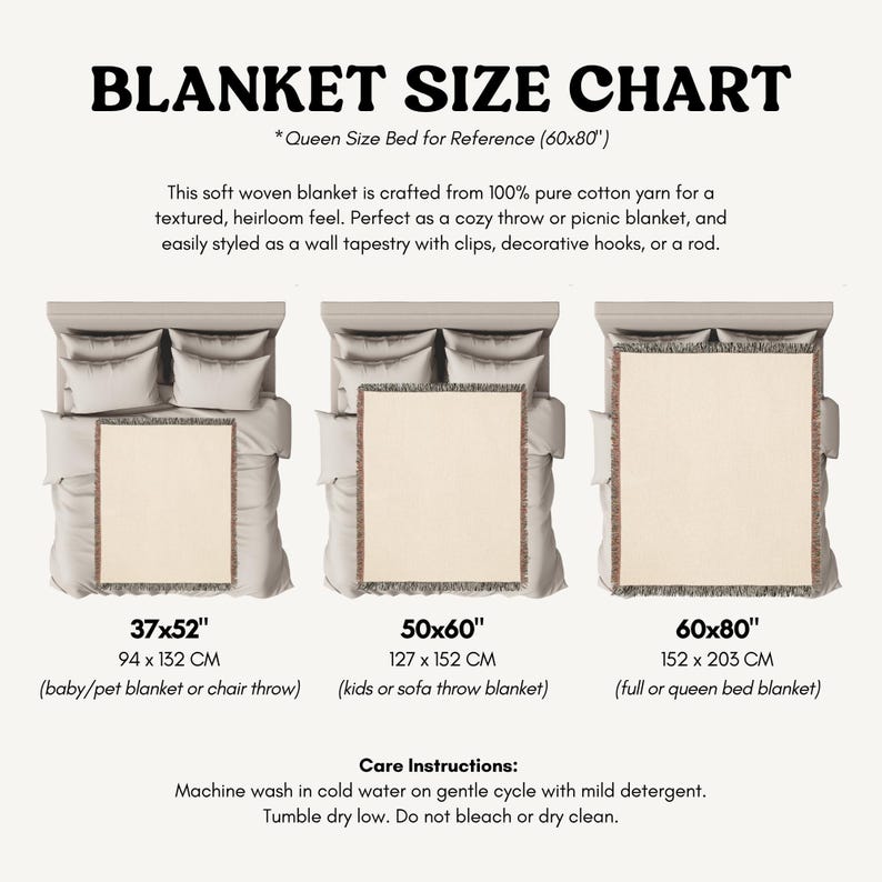 The image is a size chart for a "Queen Size Bed for Reference (60x80)" blanket. It shows three different blanket sizes, each with a corresponding picture of a blanket or a chair throw.
