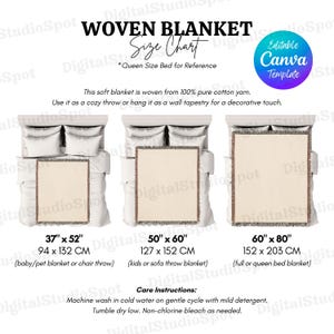 Woven Blanket Size Chart Woven Blanket Size Guide Editable Canva Template Printify Throw Blanket Mockup Size Chart Fringe MWW Gooten Blanket
