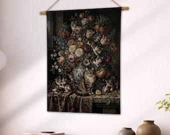 Dark Academia Cat Woven Blanket, Grandmillennial Floral Wall Tapestry, Vintage Kitty Lover Gift, Maximalist Home Decor, Dutch Masterpiece