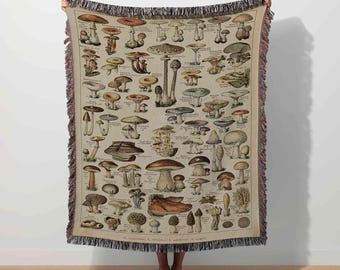 Adolphe Millot Art, Mushrooms Tapestry, Vintage Woven Blanket, Botanical Wall Hanging, Mycologist Gift