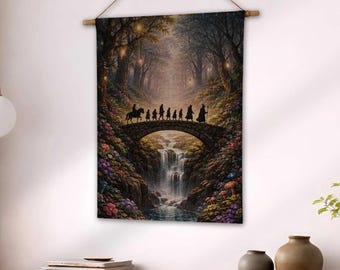 Fantasy Fellowship Bridge Woven Tapestry, Elven Quest Wall Hanging Art, Epic Journey, Bookish Decor