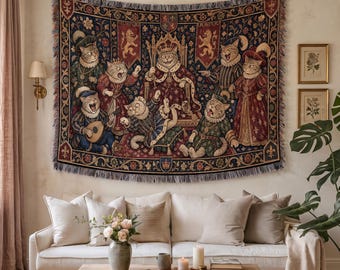 Whimsical Royal Cat Wall Hanging Tapestry, Medieval Feline King Nobles Woven Blanket, Weirdcore Cat Decor