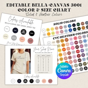EDITABLE Bella Canvas 3001 Tabla de colores Tabla de tamaños BC 3001 Plantilla Canva editable Guía de colores CVC Guía de tamaños editables Personalizar color BC3001