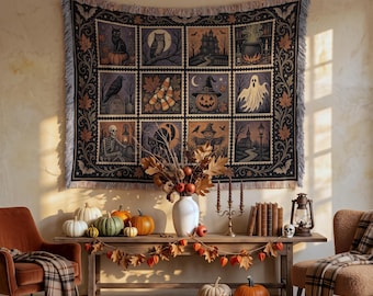 Vintage Halloween Wall Hanging Tapestry, Spooky Season Woven Blanket, Gothic Cottagecore Decor, Witchy Black Cat Owl Haunted