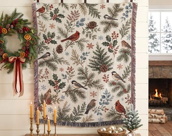Winter Bird Woven Blanket, Vintage Cardinal Tapestry, Christmas Wall Hanging, Botanical Throw Blanket, Rustic Holiday Cottagecore Decor Gift