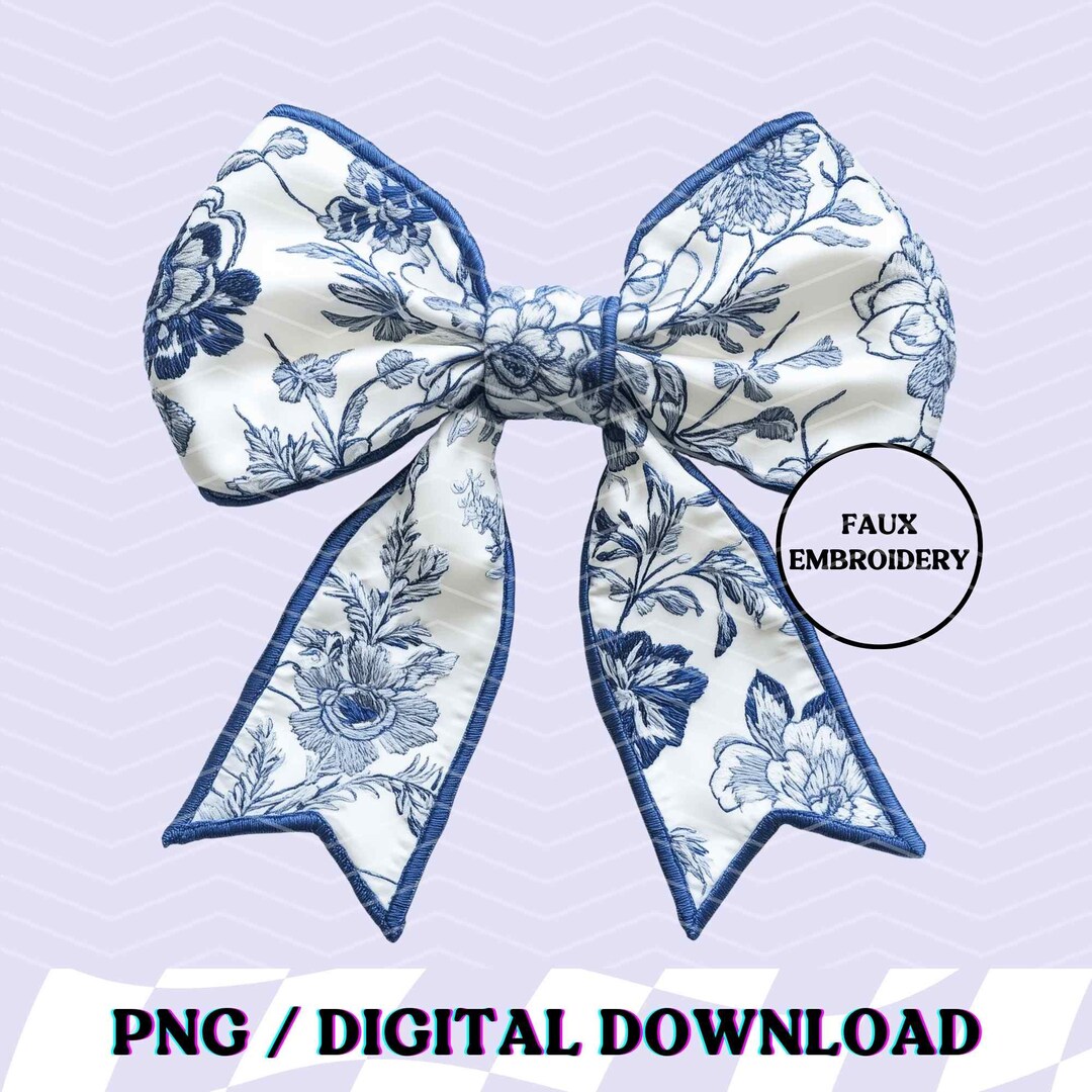 Faux Embroidery PNG Chinoiserie Coquette Bow Blue Toile Floral Trendy ...