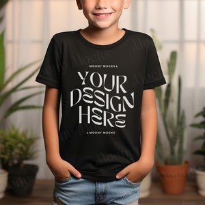 Kids Tshirt Mockup Bella Canvas 3001Y Youth Black Shirt Kid Model Mock-Up Boho Black Tee BC 3001T Child Lifestyle Blank Boy Trendy T-Shirt