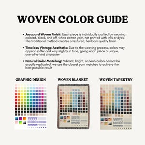 The image is a color guide for woven textiles, providing a visual representation of the different color options available for a woven blanket or tapestry.