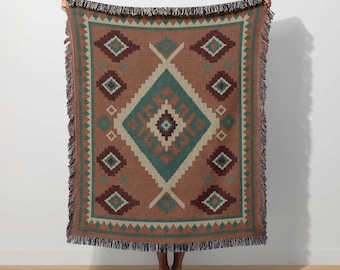 Tribal Aztec Blanket, Southwestern Throw, Rustic Lodge Home Decor, Boho Moroccan Tapestry, Turkish Cotton Kilim