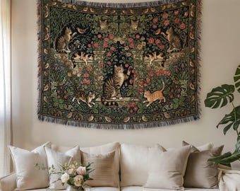 Cat Garden Wall Hanging Tapestry, William Morris Cat Lover Woven Blanket, Vintage Cottagecore Floral Cat Wall Art Decor