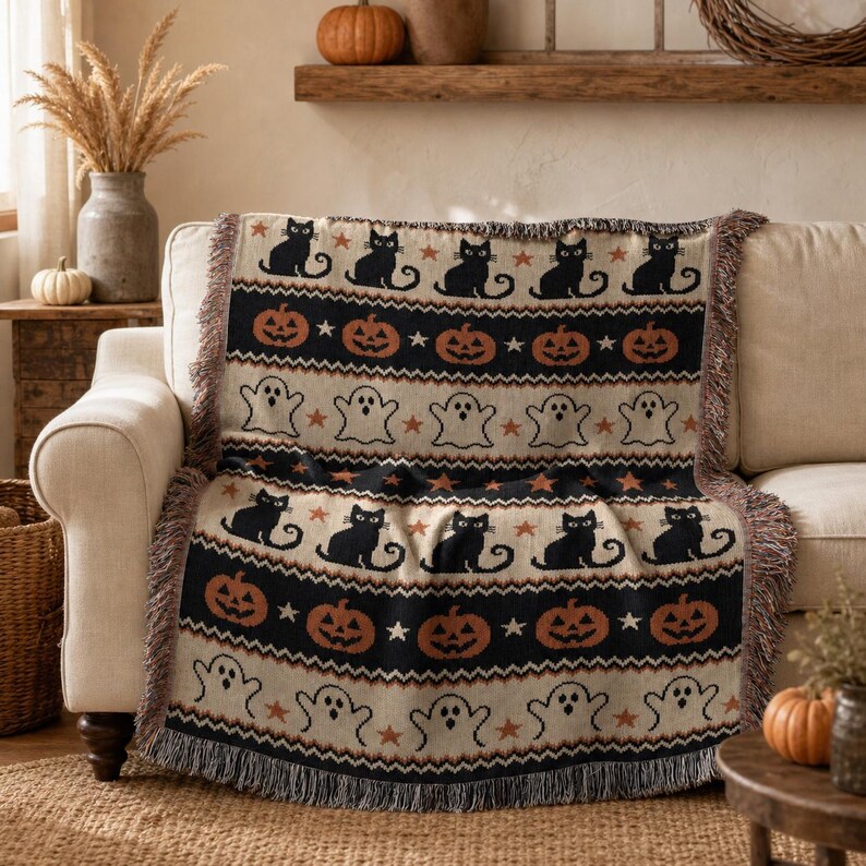 a cozy living room with a white sofa and a decorative Halloween-themed throw blanket draped over it. The blanket has a repeating pattern of black cats, jack-o-lanterns, and ghostly figures, creating a festive and spooky atmosphere.