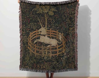 Unicorn in Captivity Wall Tapestry, Medieval Woven Blanket, Renaissance Decor, Vintage Antique Art Lover,