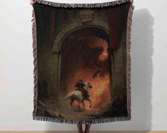 Medieval Knight Tapestry, Dragon Woven Blanket, Renaissance Warrior Throw, Dark Fantasy Castle