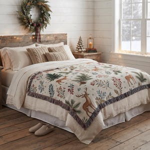 Woodland Deer Woven Blanket Tapestry, Vintage Christmas Forest Wall Hanging, Rustic Pine Cottagecore Throw, Cozy Winter Cabin Decor Gift