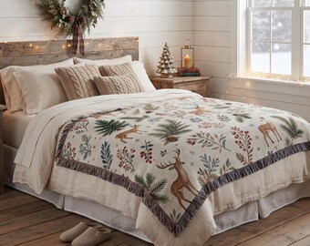 Woodland Deer Woven Blanket Tapestry, Vintage Christmas Forest Wall Hanging, Rustic Pine Cottagecore Throw, Cozy Winter Cabin Decor Gift
