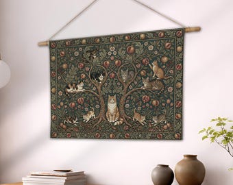 Tree of Life Cat Woven Blanket, Pomegranate Tree Wall Tapestry, Botanical Feline Mom, Cozy Cottagecore Home Decor Gift for Crazy Cat Lady
