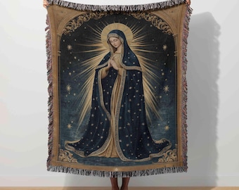Virgin Mary Tapestry, Orthodox Christian Woven Blanket, Mother of God Throw, Jesus Christ, Religious Faith Sacred Decor