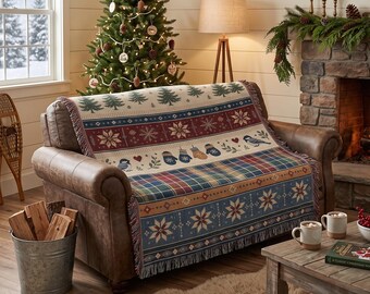 Nordic Winter Woven Blanket Tapestry, Rustic Cabin Christmas Wall Hanging, Cozy Pine Tree Plaid Throw, Scandi Folk Art Holiday Gift