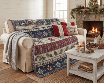 Winter Cabin Woven Blanket, Vintage Ski Tapestry Wall Hanging, Alpine Mountain Plaid Lodge Throw, Rustic Christmas Gift Decor