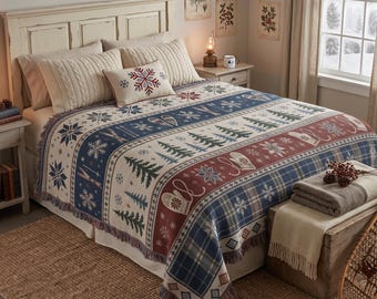 Nordic Winter Woven Blanket, Ski Cabin Wall Hanging Tapestry, Fair Isle Snowflake Plaid Throw, Rustic Alpine Holiday Christmas Decor