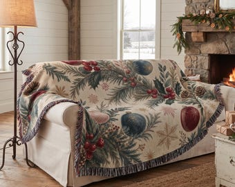 Vintage Christmas Woven Blanket, Botanical Holiday Pine Tapestry, Ornament Wall Hanging, Cozy Cottagecore Winter Decor Holiday Throw
