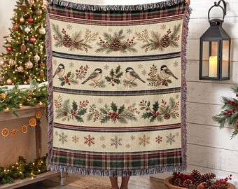 Winter Chickadee Bird Woven Blanket, Rustic Christmas Tapestry Wall Hanging, Cozy Plaid Throw, Cabin Decor, Woodland Nature Holiday Gift
