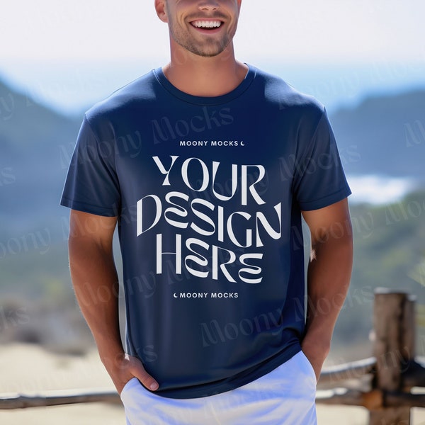 Comfort Colors C1717 True Navy Mockup Mens Tshirt Mockup Male Model Mockup Navy C1717 Shirt Navy Comfort Colors Lifestyle Outdoor Nature Tee